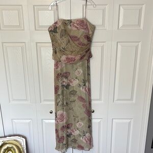 Size 10/12 Silk Floral Beaded Pink & Green Spaghetti Strap Dress Mother Bride